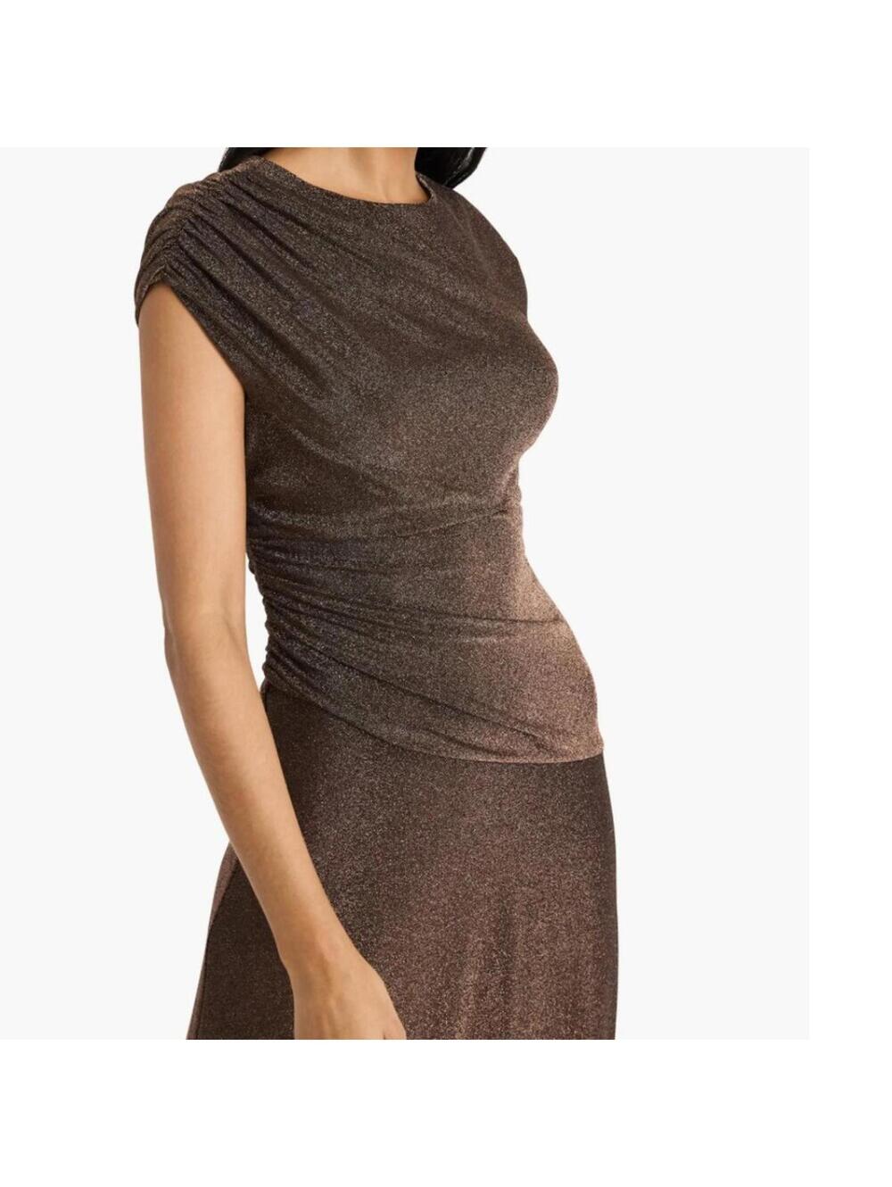 Maggy London Brown Metallic Midi Dress Size 14 Cap Sleeve Ruched Wedding Guest - Picture 2 of 10